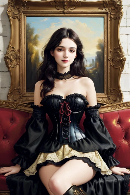 Oil painting,bold brushwork,beautiful 20 year old girl sitting on a massive sofa,European beauty,stylish vintage dress,floral patterned corset,wide lace skirt,black boots,black collar,antique pistol in hand, long dark hair loose,face to camera,smiling expression with humour and mystery,cracked wall background,emphasis on artistic quality,prominent strokes,textural relief,artistic interpretation,rich oil colours