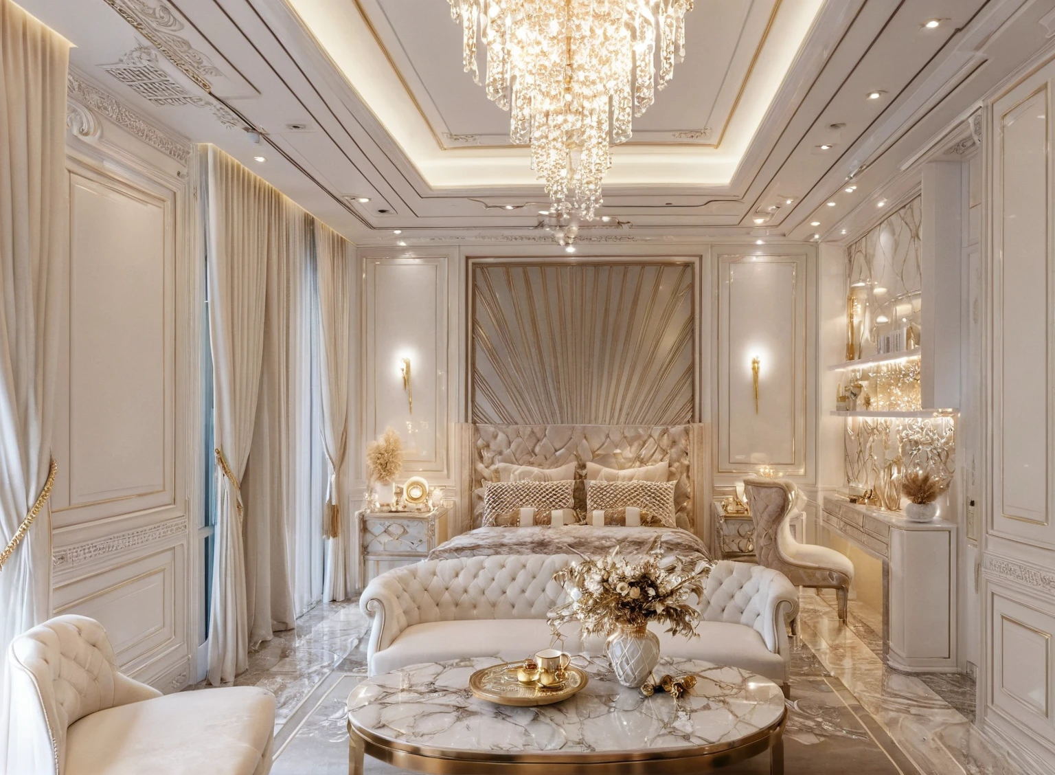 ，Masterpiece, Best quality，8K, Ultra-high resolution，When you step into the living room，Immediately surrounded by a rich atmosphere of luxury。Ornate crystal chandeliers hang high on the wall，Shine brightly。The sofa was covered with a soft white fluffy blanket，It is so comfortable，So much so that you can't help but indulge in it。In the corner of the living room is a delicate coffee table，Embellished with precious porcelain and champagne gold ornaments。Whenever it is late afternoon，The afterglow from the window spilled on the floor，Soft light and shadow are reflected，It was as if entering a dreamland。
