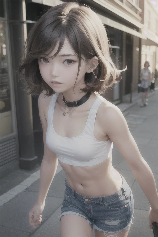 ((medium breasts, tomboy girls, small head)), daylight, Sun Ray, (chiseled abs : 1.1), (perfect body : 1.1), (short wavy hair : 1.2) , Brown hair, Collar, chain, full body shot, crowded street, wear a black tank top, Jean jacket, ((shorts)), (extremely detailed CG 8k wallpaper), (very gentle and beautiful), (masterpiece), (Best quality:1.0), (ultra a high resolution:1.0),  Beautiful lighting ,Perfect lightning, realistic shadows, [a high resolution], detailed skin, ultra detailed 