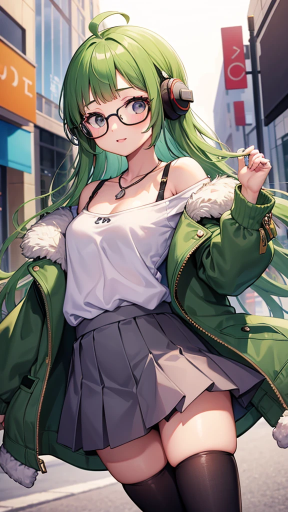 masterpiece, best quality, highres, 1girl, solo, yamagishi fuuka, , skirt, white pantyhose, jewelry, necklace, futabasakura, blunt bangs, glasses, black-framed eyewear, ahoge, small breasts, glasses, headphones, behind-the-head headphones, white shirt, jacket, off shoulder, fur trim, fur-trimmed jacket, green jacket, shorts, thighhighs, boots, happy, cowbow shot, city street