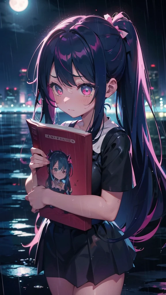 1 anime girl, alone,Black petals flutter, A mysteriously shining butterfly.city,bright pink hair,red gem eyes,long twin tails,thin legs,very clear,Best quality After the Rain,city,Miku,beautiful morning,Asahi,close up face,whole body,Sad expression,holding a book in hand,Shining Full Moon,rain,Wet,Monochrome,No color,Sad expression