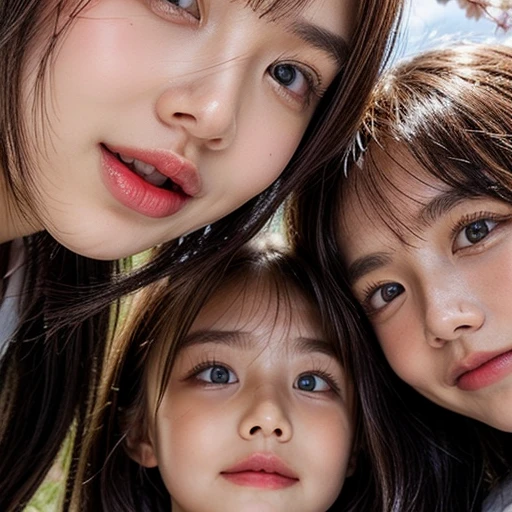 Best_Quality, HDR, masterpiece, Hi-Res, (realistic and photorealistic with touch of rawness:1.37), (group photo:1.6), ((SchoolGirls Surrounding the camera in Upward composition)), Panoramic, (Filled with many Faces), (NOGIZAKA face variations:1.4), { Looking down at the camera | (Kissing face to face) }, (((close:1.2, Face closeup from below:1.4))), (((Sky background)) with CherryBlossoms) . BREAK  Extremely Detailed KAWAII face variations, captivating gaze, elaborate detailed Eyes with (sparkling highlights:1.32), long eyelashes、Glossy RED Lips with beautiful details, Coquettish tongue, Rosy cheeks, Glistening ivory skin . { (Dynamic joyful expressions) | (:D) | (Kissing) }, { baby hair | Updos | OKAPPA }, Childish, SchoolUniform .