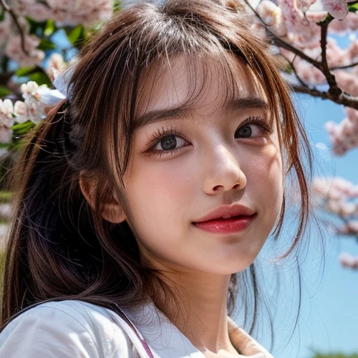Best_Quality, HDR, masterpiece, Hi-Res, (realistic and photorealistic with touch of rawness:1.37), (group photo:1.6), ((SchoolGirls Surrounding the camera in Upward composition)), Panoramic, (Filled with many Faces), (NOGIZAKA face variations:1.4), { Looking down at the camera | (Kissing face to face) }, (((close:1.2, Face closeup from below:1.4))), (((Sky background)) with CherryBlossoms) . BREAK Extremely Detailed KAWAII face variations, captivating gaze, elaborate detailed Eyes with (sparkling highlights:1.32), long eyelashes、Glossy RED Lips with beautiful details, Coquettish tongue, Rosy cheeks, Glistening ivory skin . { (Dynamic joyful expressions) | (:D) | (Kissing) }, { baby hair | Updos | OKAPPA }, Childish, SchoolUniform .