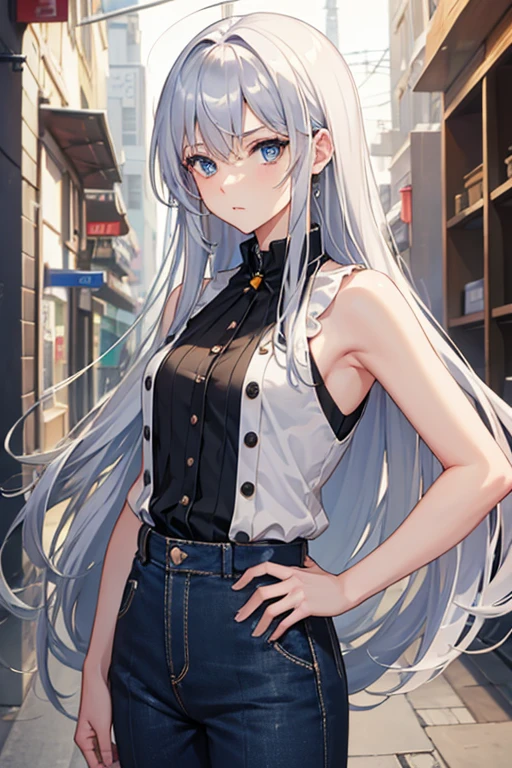 masterpiece, highest quality, High resolution,Anime Style、Silver Hair、Long Hair、blue eyes、Cafe、Baggy sleeveless top、Unbutton three buttons