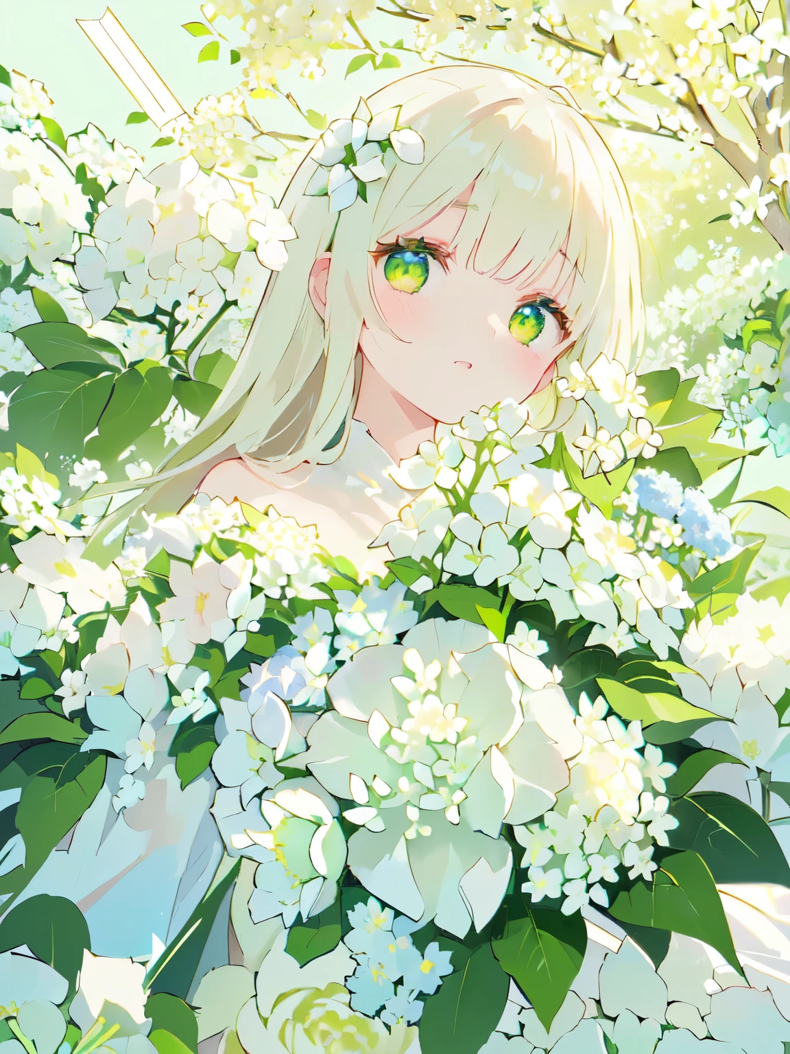 nsfw,nude、there is a close up of a bunch of White flower, Hydrangea, deity of Hydrangeas, Giant Flower, Very high flowering yield, White flower, Pale green backlight light, large opaque blossoms, Flowers Bloom, Beautiful large flowers, Soft sundate, Light of the sun, full bloom, Flower of Light, Painted in pale yellow and green, White flower