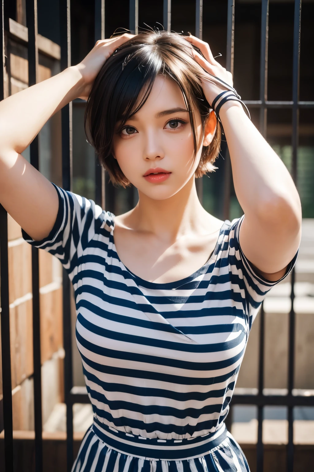 Beautiful woman dressed as a prisoner, shackles on feet, red striped jumpsuit, Iron bars, short sleeves, short cut hair, (Highly detailed facial expressions), random pose,
