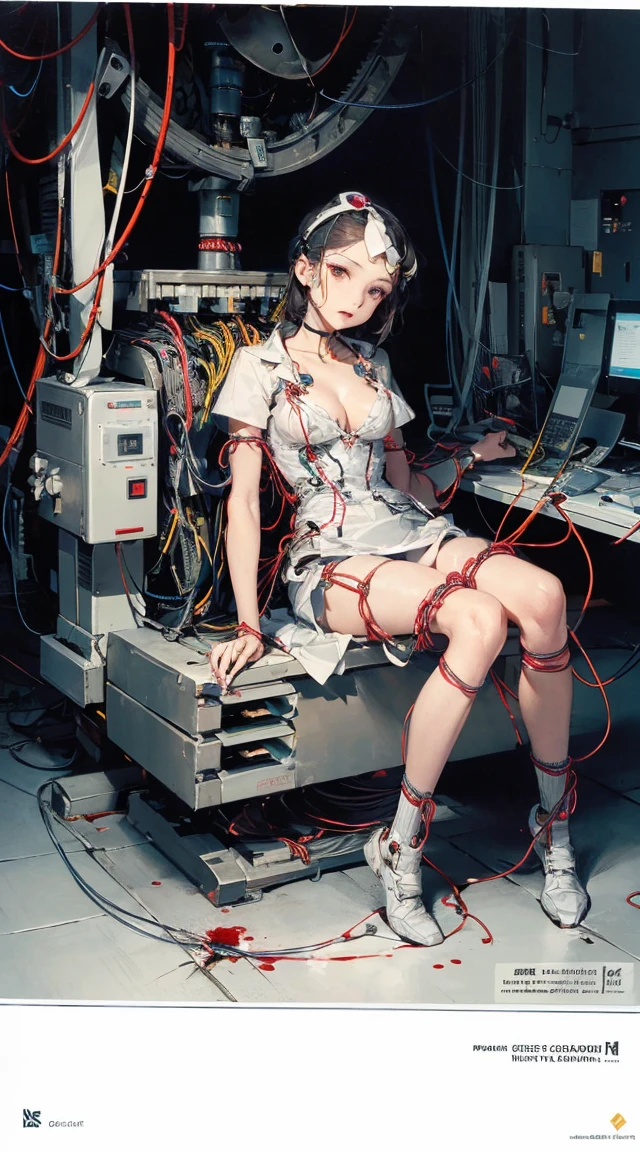 (((masterpiece))), ((((highest quality)))), (((Super detailed))), (CG illustration), ((very delicate and beautiful)),(cute and delicate face),cinematic light,((1 Mechanical Girl)),alone,full body esbian,(machine made joint:1.4),((mechanical limbs)),(blood vessels connected to tubes),((Mechanical vertebrae are attached to the back)), ((Mechanical cervical vertebrae attached to the neck)),((sit down)),No expression,(Wires and cables attached to head and body:1.5),(character focus),Science fiction，look into the camera，black hair，black and white style，cleavage，robot arm