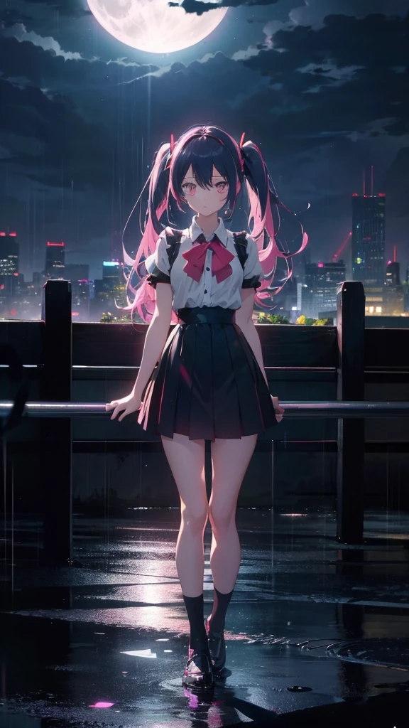 1 anime girl, alone,Black petals flutter, A mysteriously shining butterfly.city,bright pink hair,red gem eyes,long twin tails,thin legs,very clear,Best quality After the Rain,city,Miku,beautiful morning,Asahi,whole body,Sad expression,Shining Full Moon,rain,Wet,Monochrome,No color,Sad expression,Are standing,Thin legs