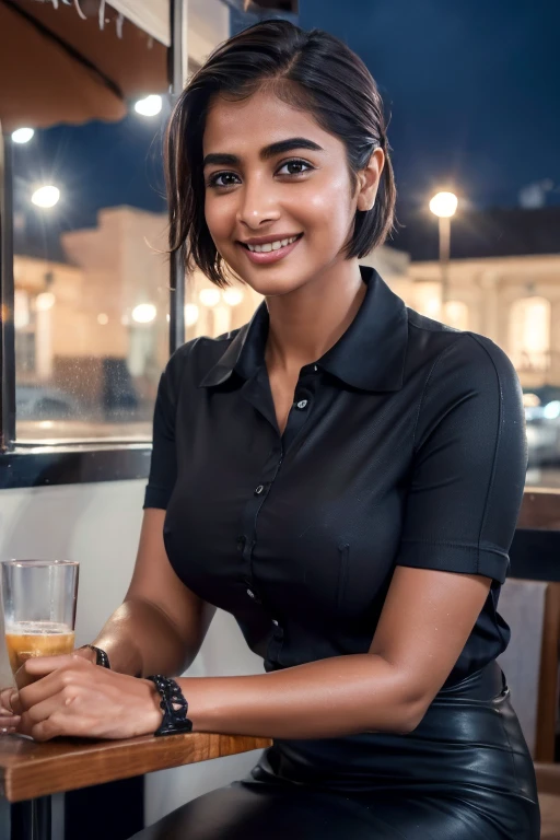 (8k, Best Quality, Masterpiece: 1.2), (Realistic, Photorealistic: 1.37), Super Detailed, 1 Girl, Cute, Alone, Beautiful Detailed Sky, Detailed Cafe, Night, Sitting, Date, ( Nose blush), (smile: 1.15), (close mouth) small breasts, beautiful details, (collared shirt: 1.1), night, wet, business wear, rain, black lace, (short hair: 1.2), floating Hair NovaFrogStyle,, pooja1