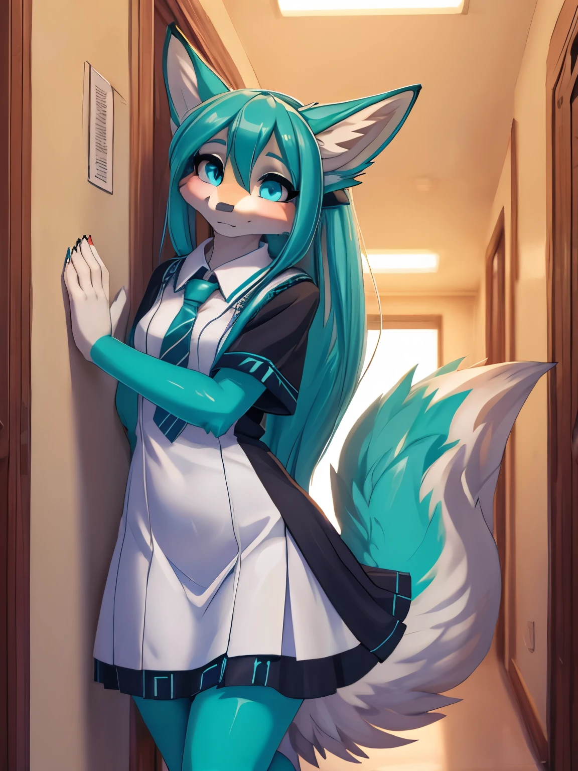 Miku Hatsune, alta definicion, orejas de kitsune, college girl, shy girl, alta definicion, vestido japones, deep blue eyes, High Definition, fullbody image, school hallways