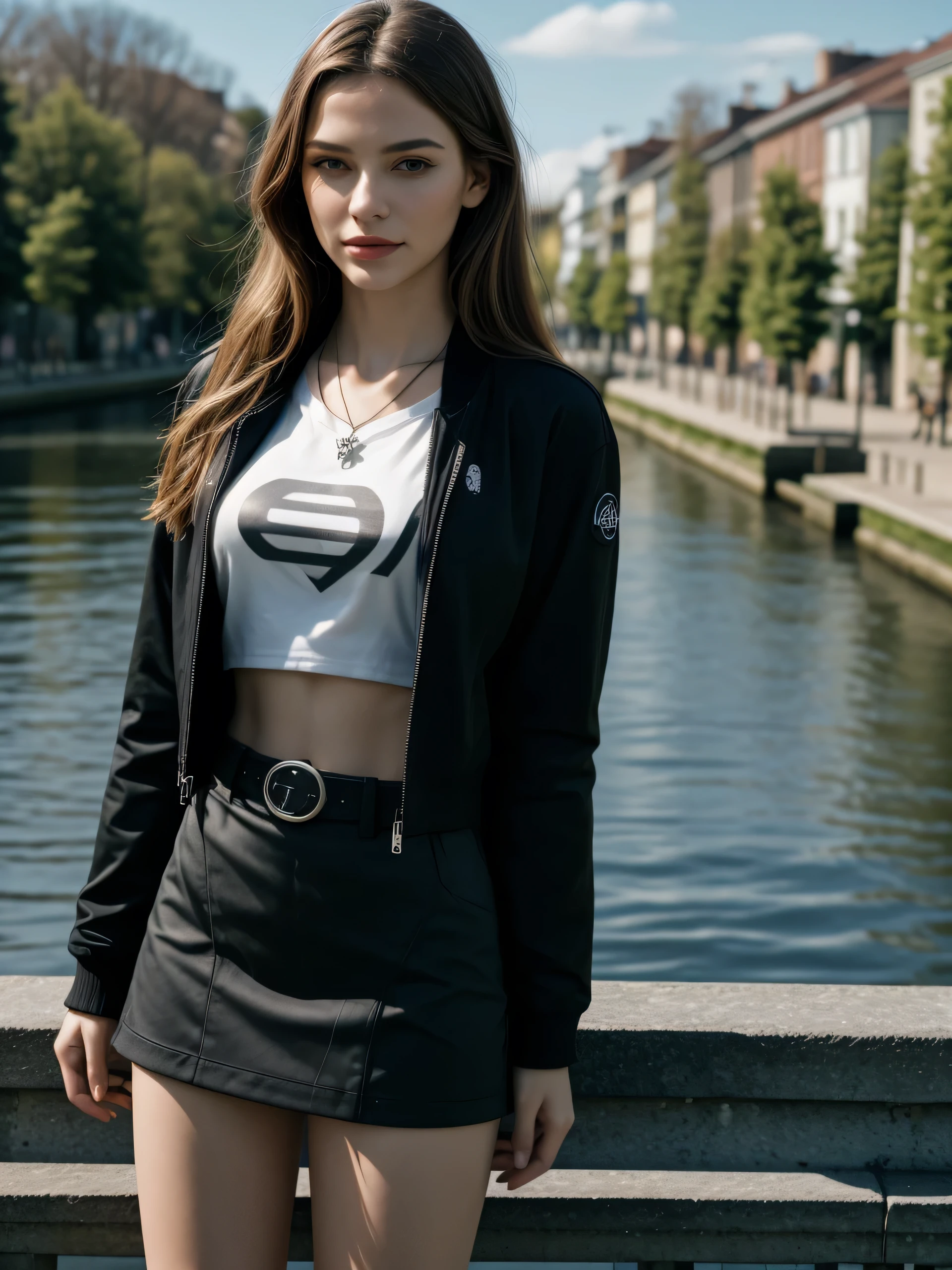 (Best quality, photorealistic, highres, reality, super realistic), Outdoor fashion shoot, 1 girl, a beautiful Russian girl, wearing graphic crop tee, black jacket, kilt skirt, belt, pendant, delicate face, smirk, slender, slim body, (sunny day), radiant, sky, along the canal, gentle breeze, relax mood.