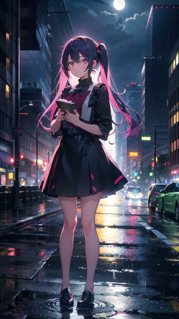 1 anime girl, alone,Black petals flutter, A mysteriously shining butterfly.city,bright pink hair,red gem eyes,long twin tails,thin legs,very clear,Best quality After the Rain,city,Miku,beautiful morning,Asahi,whole body,Sad expression,Shining Full Moon,rain,Wet,Monochrome,No color,Sad expression,Are standing,Thin legs,holding a book in hand