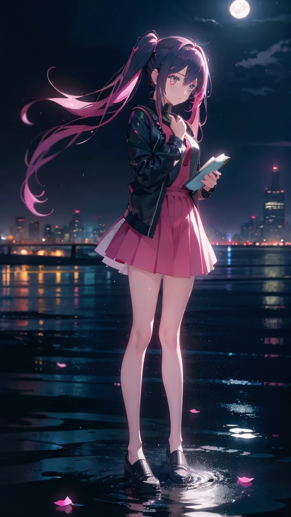1 anime girl, alone,Black petals flutter, A mysteriously shining butterfly.city,bright pink hair,red gem eyes,long twin tails,thin legs,very clear,Best quality After the Rain,city,Miku,beautiful morning,Asahi,whole body,Sad expression,Shining Full Moon,rain,Wet,Monochrome,No color,Sad expression,Are standing,Thin legs,holding a book in hand