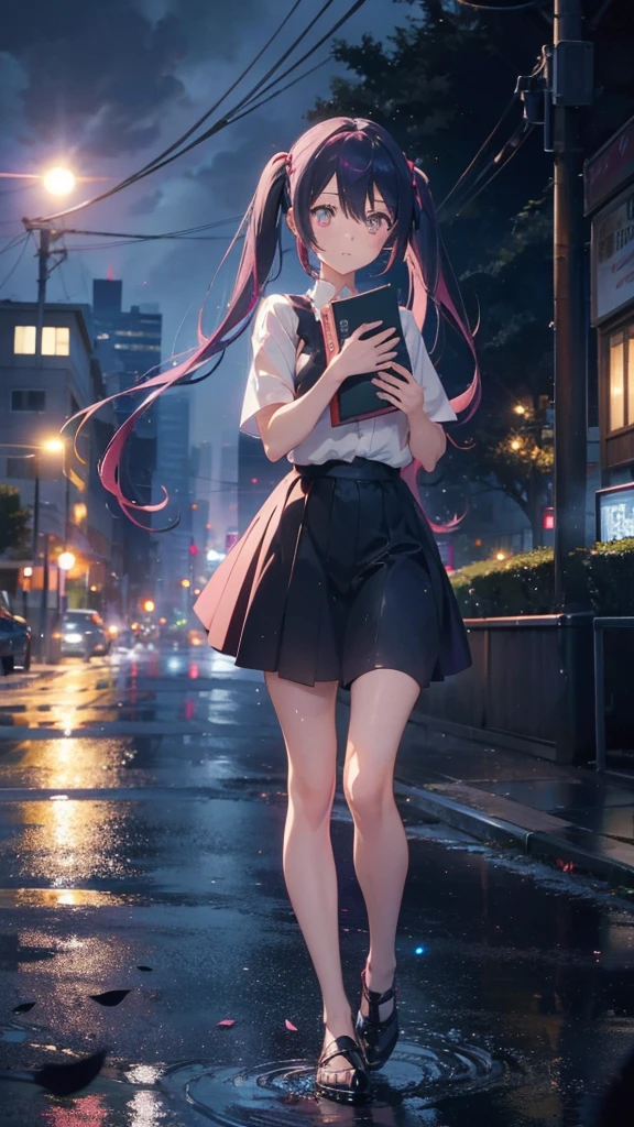 1 anime girl, alone,Black petals flutter, A mysteriously shining butterfly.city,bright pink hair,red gem eyes,long twin tails,thin legs,very clear,Best quality After the Rain,city,Miku,beautiful morning,Asahi,whole body,Sad expression,Shining Full Moon,rain,Wet,Monochrome,No color,Sad expression,Are standing,Thin legs,holding a book in hand