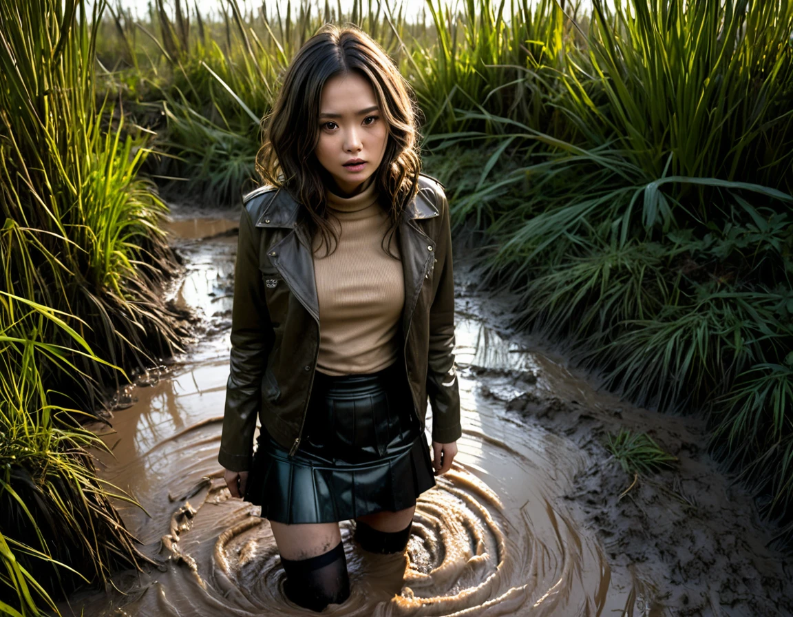 from above view, a woman struggling in a muddy swamp, depraved expression, long messy brunette hair, asian, stuck in deep mud hole:1.3, stockings, muddy pencil skirt, muddy leather jacket, muddy beige turtleneck sweater, mature, (best quality,4k,8k,highres,masterpiece:1.2),ultra-detailed,(realistic,photorealistic,photo-realistic:1.37),dark moody lighting,dramatic shadows,gritty horror style, vegetation, orange,