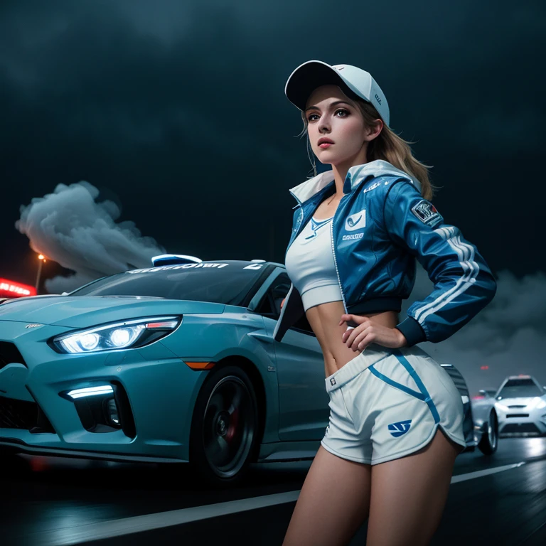 Grand Turismo race, full stadium, photo session of a woman,fit body, sexy pose, wearing sport,white/blue shorts,baseball cap, racing jacket, on the car hood,it rains at night, tire smoke,master shot,action pose, shallow focus shot,cinematic lighting,a lens