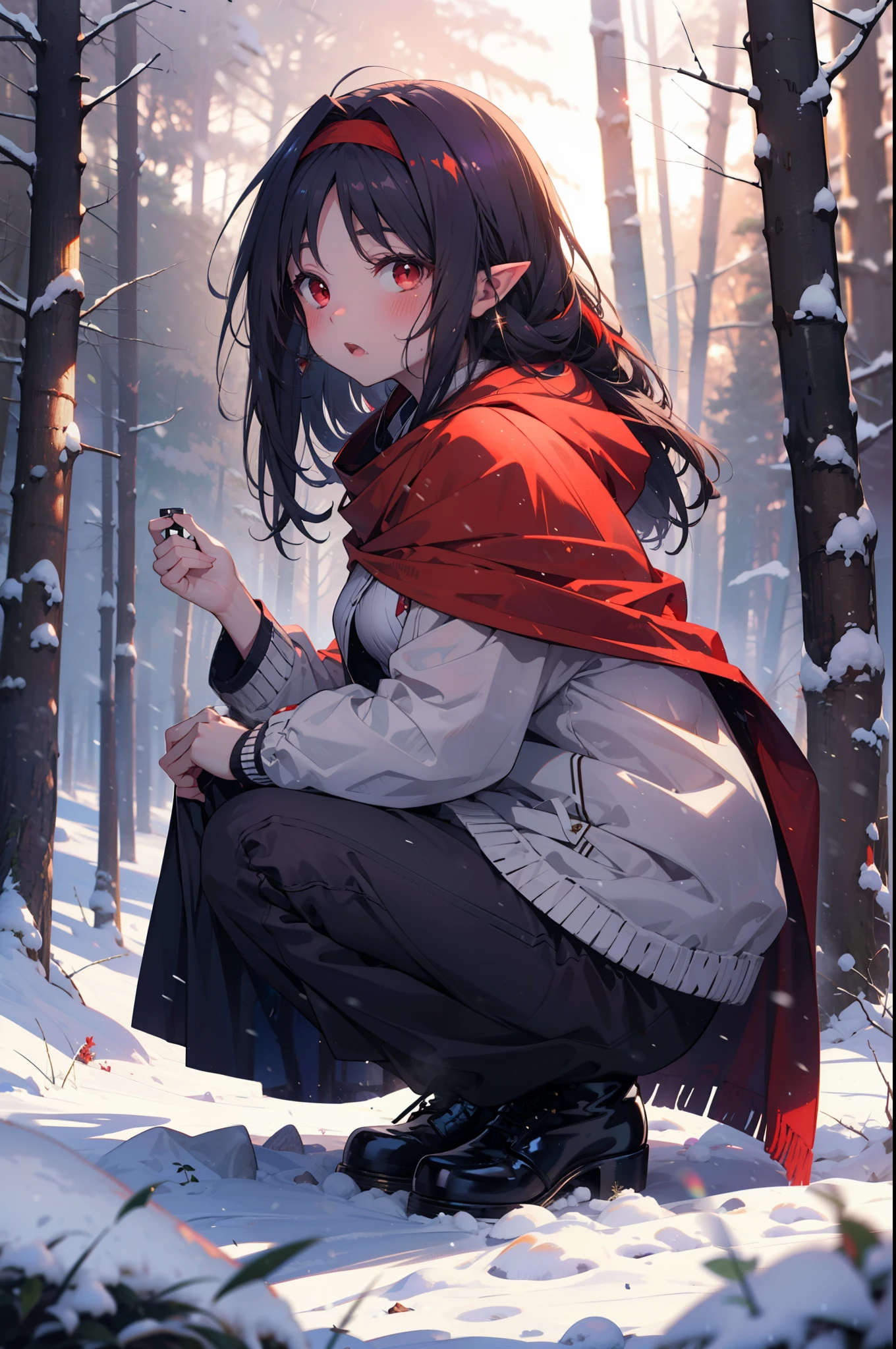 yuukikonno, Yuki Konno, hair band, Long Hair, Pointy Ears, Purple Hair, (Red eyes:1.5), (Small breasts:1.2),blush,White Breath, Open your mouth,snow, Bonfire, Outdoor, boots, snowing, From the side, wood, suitcase, Cape, Blurred, forest,  nature, Brown eyes, , Squat, Mouth closed, ,Cape, winter, Written boundary depth, Black shoes, red Cape
break looking at viewer, Upper Body, whole body,
break Outdoor, forest, nature,
break (masterpiece:1.2), highest quality, High resolution, unity 8k wallpaper, (shape:0.8), (Fine and beautiful eyes:1.6), Highly detailed face, Perfect lighting, Highly detailed CG, (Perfect hands, Perfect Anatomy),