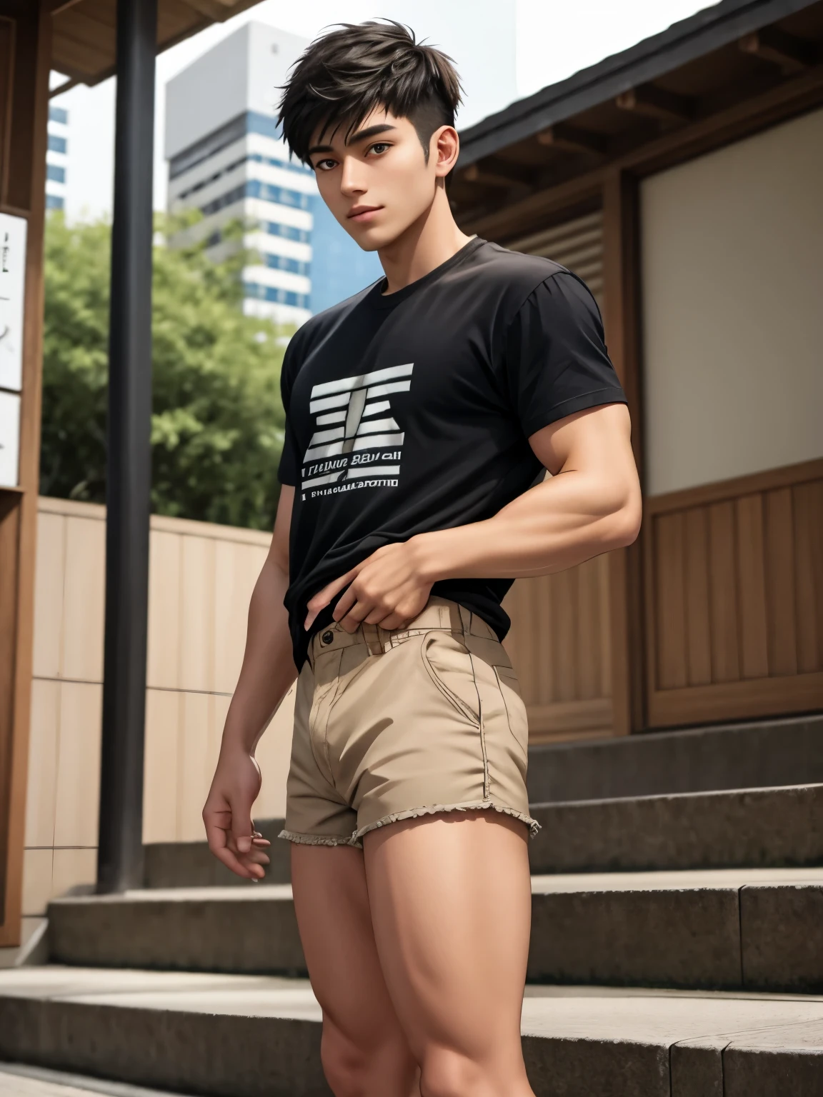 ((super sharp focus)), ((hairy legs)), hairy legs, toned legs, whole body, two block, Messy short hair, long legs, Japan male, 27 years old, wearing beige shorts, wearing a black T-shirt, very short hair, black hair