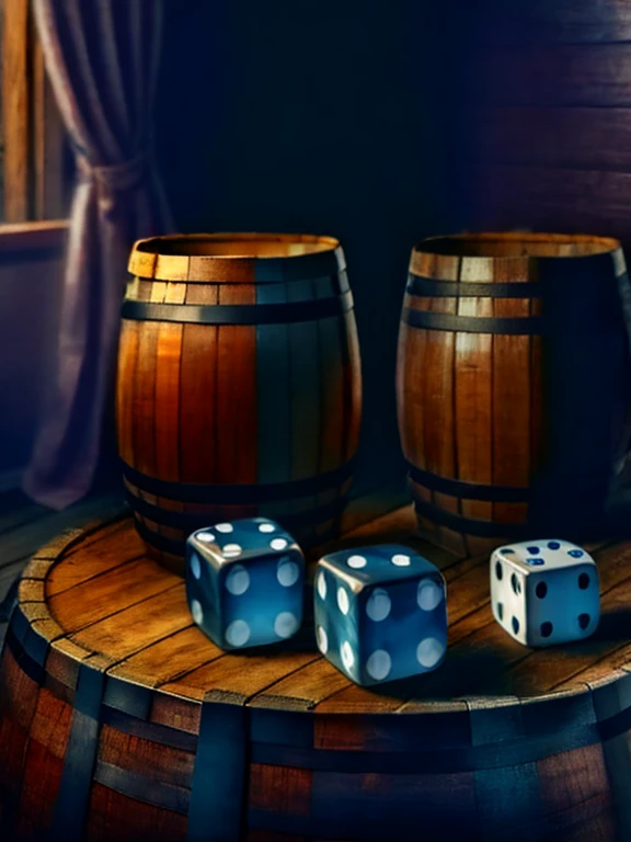 Two dice are lying on a barrel, a masterpiece of high-quality image, fine detail, like a professional photo for a catalog, ultra-realistic