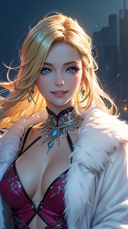 (best quality,ultra-detailed,photo-realistic:1.37),bright and vibrant colors,studio lighting,playful expression,stylish makeup,Fur Coat,Blonde hair flowing in the wind,alluring eyes,glossy lips,sexy pose, smiling in a confident and seductive way,posing for a professional photoshoot,shallow depth of field,highlighting the main subject,soft natural lighting,creating a dreamy and magical atmosphere.