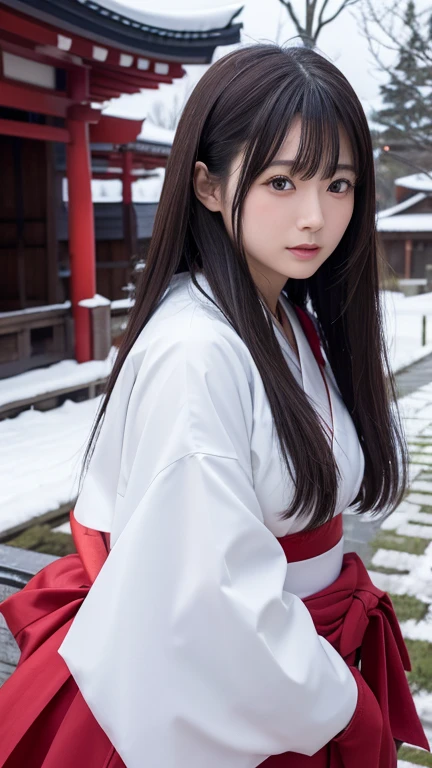 8K、Detailed Description、Very high definition、Realistic、reality的、Real、live-action、reality、High resolution、Nogizaka46、japanese idol,beautiful girl、21 years old、profile,Daytime、Snow Scene、Dark brown eyes,red hakama,white japanese shrine maiden outfit,shurine,light smile,Shrine grounds、Shrine maiden、Shrine maidenの衣装、Mouth closed、Long Hair、Knee-up-top angle of view、Back view、look back、Very black hair、pretty girl、Beauty、Glowing Skin、Glowing Skin、Shiny Hair、Very white skin、Heavy makeup、Large Breasts、Slit eyes、Dark brown eyes、Big Eyes、Double eyelids、Don&#39;t show your teeth、こちらを見てsmile、clear、smile、smile、smile、laugh