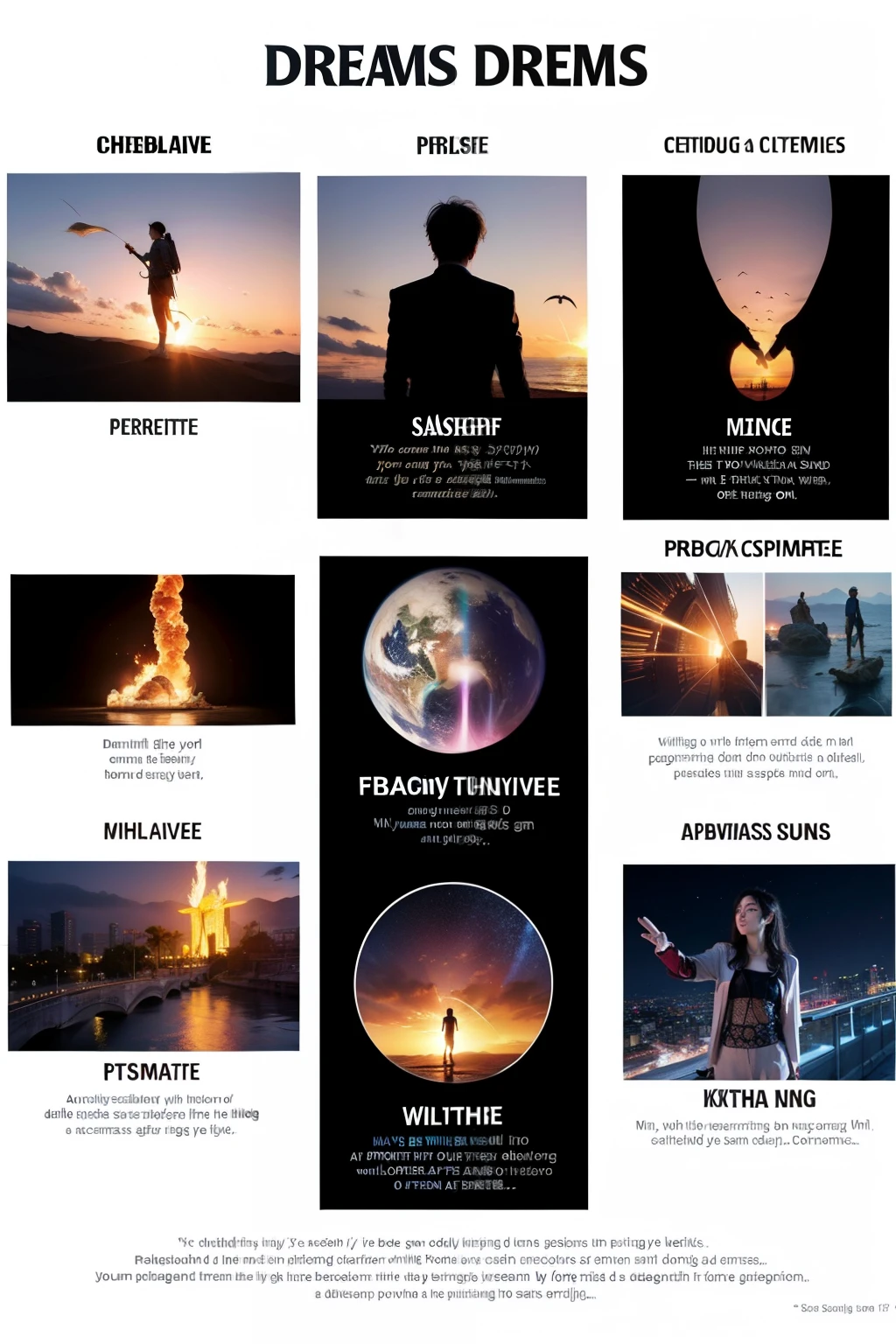 About Dreams poster with dream characteristics,Lots of elements,colorful,Has profound meaning