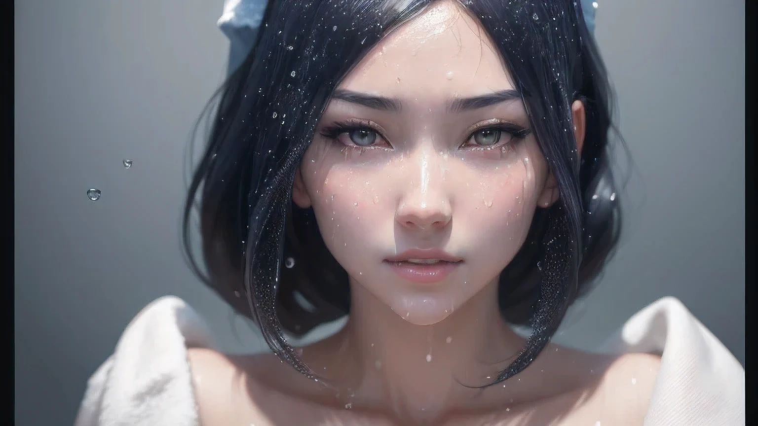 there is a woman with a towel on her head and water droplets on her face, artwork in the style of guweiz, 8k portrait render, photorealistic anime girl render, ross tran 8 k, hyper realistic anime, soft portrait shot 8 k, 3 d anime realistic, 3 d render character art 8 k, smooth anime cg art