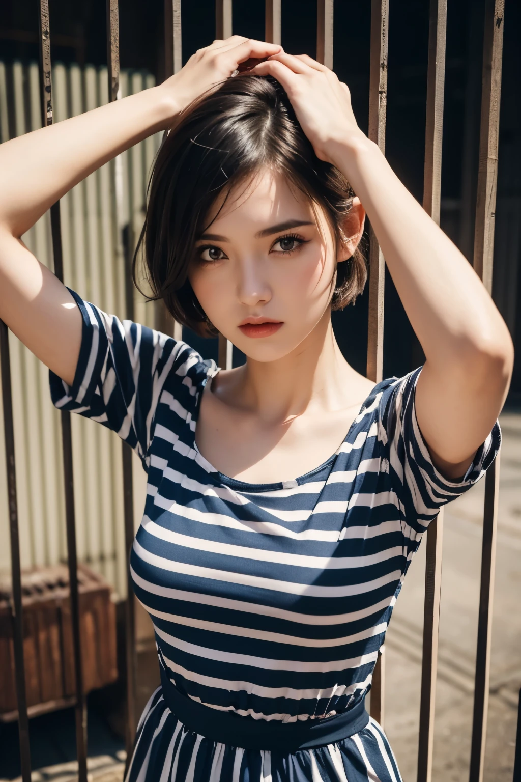 Beautiful woman dressed as a prisoner, shackles on feet, red striped jumpsuit, Iron bars, short sleeves, short cut hair, (Highly detailed facial expressions), random pose,