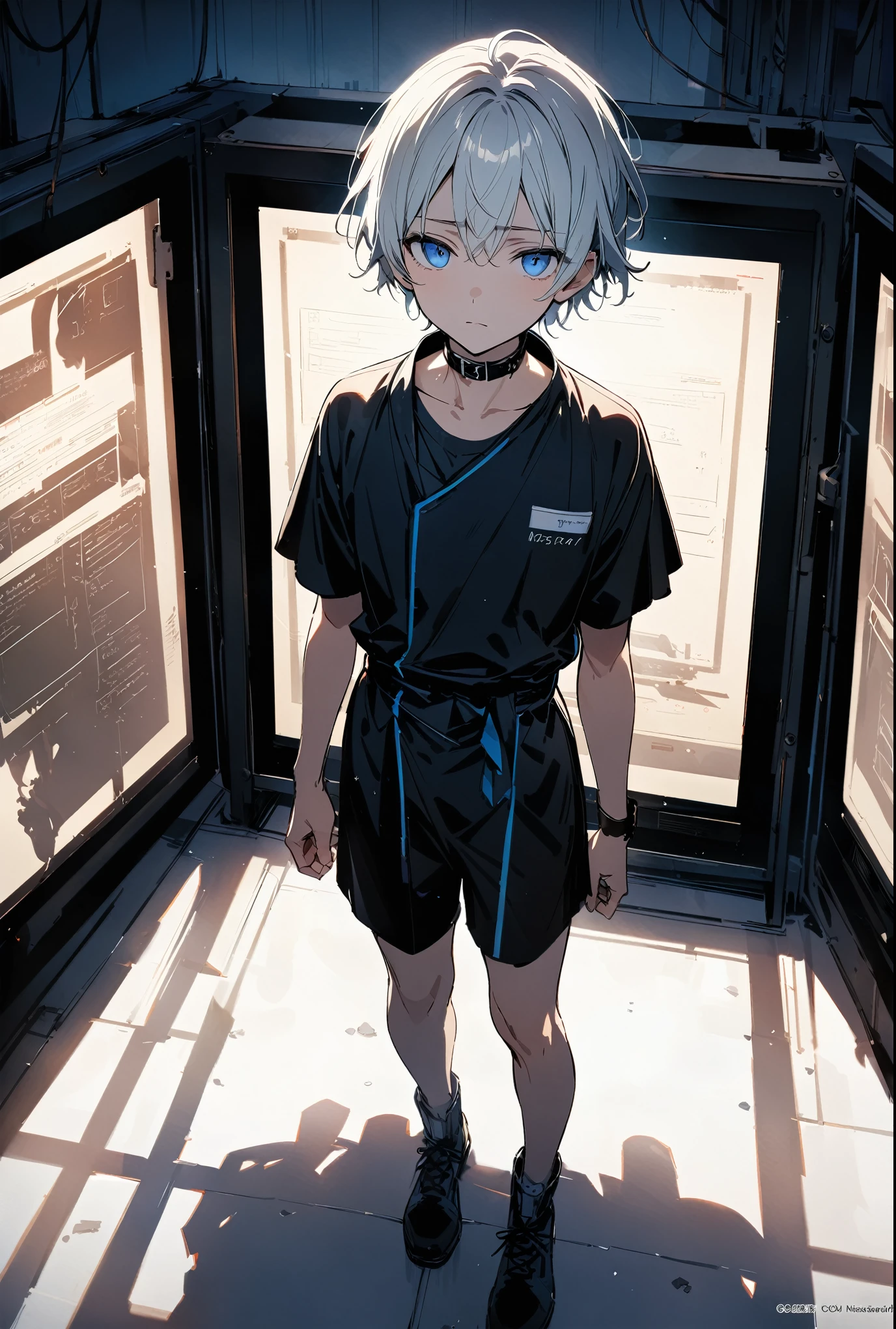 (masterpiece, best quality), Very detailed, best quality, Official Art, Pretty and beautiful: 1.2),fine,(1 handsome young boy),copyright,Solitary,White short hair, (blue eyes),(Cold expression),Perfect face,Short sleeve,shorts,Black hospital gown,high quality,8K,Beautiful contrast of light and shadow,Frontal face,Pretty Face,secret laboratory,leather collar,laboratory apparatus,display screen,Above the waist
