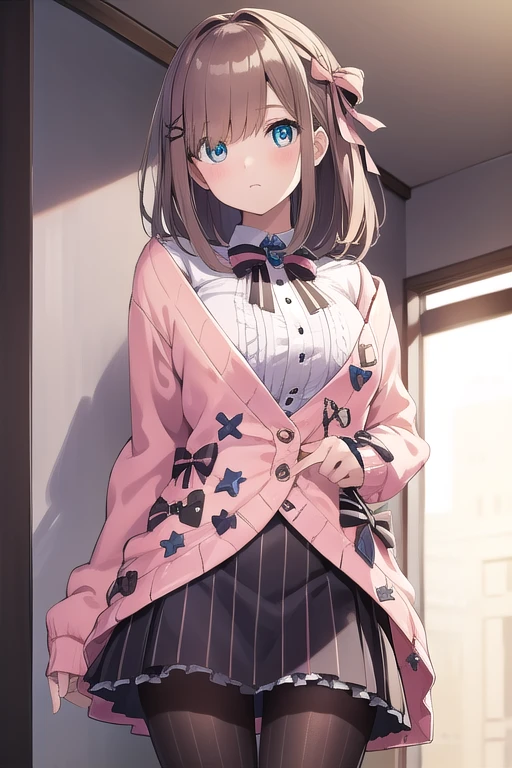 lulusuzuhara, lulu suzuhara, blue eyes, brown hair, hair ornament, hair over one eye, hair ribbon,
BREAK boots, bow, bowtie, brooch, buttons, cardigan, frills, jewelry, pantyhose, ribbon, skirt, striped, striped pantyhose, striped skirt, vertical stripes, vertical-striped pantyhose, virtual youtuber, (pink cardigan:1.5),
BREAK looking at viewer,
BREAK indoors,
BREAK (masterpiece:1.2), best quality, high resolution, unity 8k wallpaper, (illustration:0.8), (beautiful detailed eyes:1.6), extremely detailed face, perfect lighting, extremely detailed CG, (perfect hands, perfect anatomy),