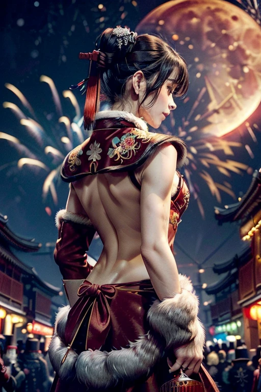 ((((8k))),((Extremely meticulous CG)) ,(wallpaper),16k,((Extremely refined and beautiful)),(((Masterpiece))),(((best qualtiy))),(((Ultra High Resolution))),beautiful light up,Perfect lightning,realistic shaded,[A high resolution],(Smooth and flawless fair skin:1.5),(pale skin:1.3),Extremely exquisite facial details,(perfect body:1.1),ultra-detailed,A beautiful girl,solo,(small head:1.2),(short ponytail:1.1),(small face:1.2),Exquisite makeup,(flat chests:1.2),((slim,thin)),happy,(laughing:1.2),(fur collar:1.2),(Gorgeous Exquisitely embroidered fur edged red hanfu:1.5),(red hakama:1.2),(night scene:1.3),(a bright full moon in the sky:1.5),(outdoor:1.2),(On the street:1.3),(In ancient Chinese town:1.3),(ablaze with lights:1.3),(buildings:1.3),(lanterns:1.2),(detailed background:1.5),(standing:1.3),(arms behind back:1.3),(upper body:1.3),(from back:1.3),(surrounded by crowded crowds:1.5),(winter:1.3),(fireworks in the sky:1.3)