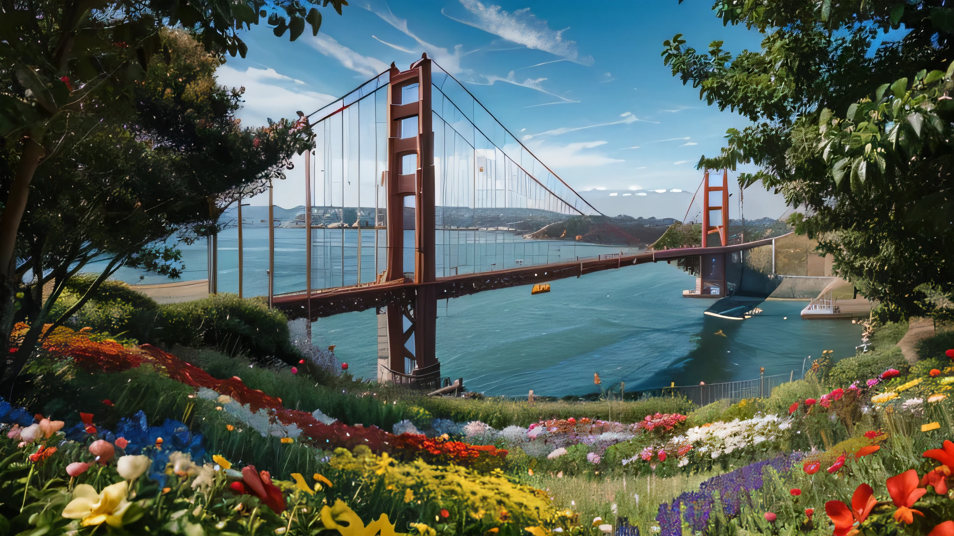 Abstract oil painting of golden gate bridge, flower garden, american flag