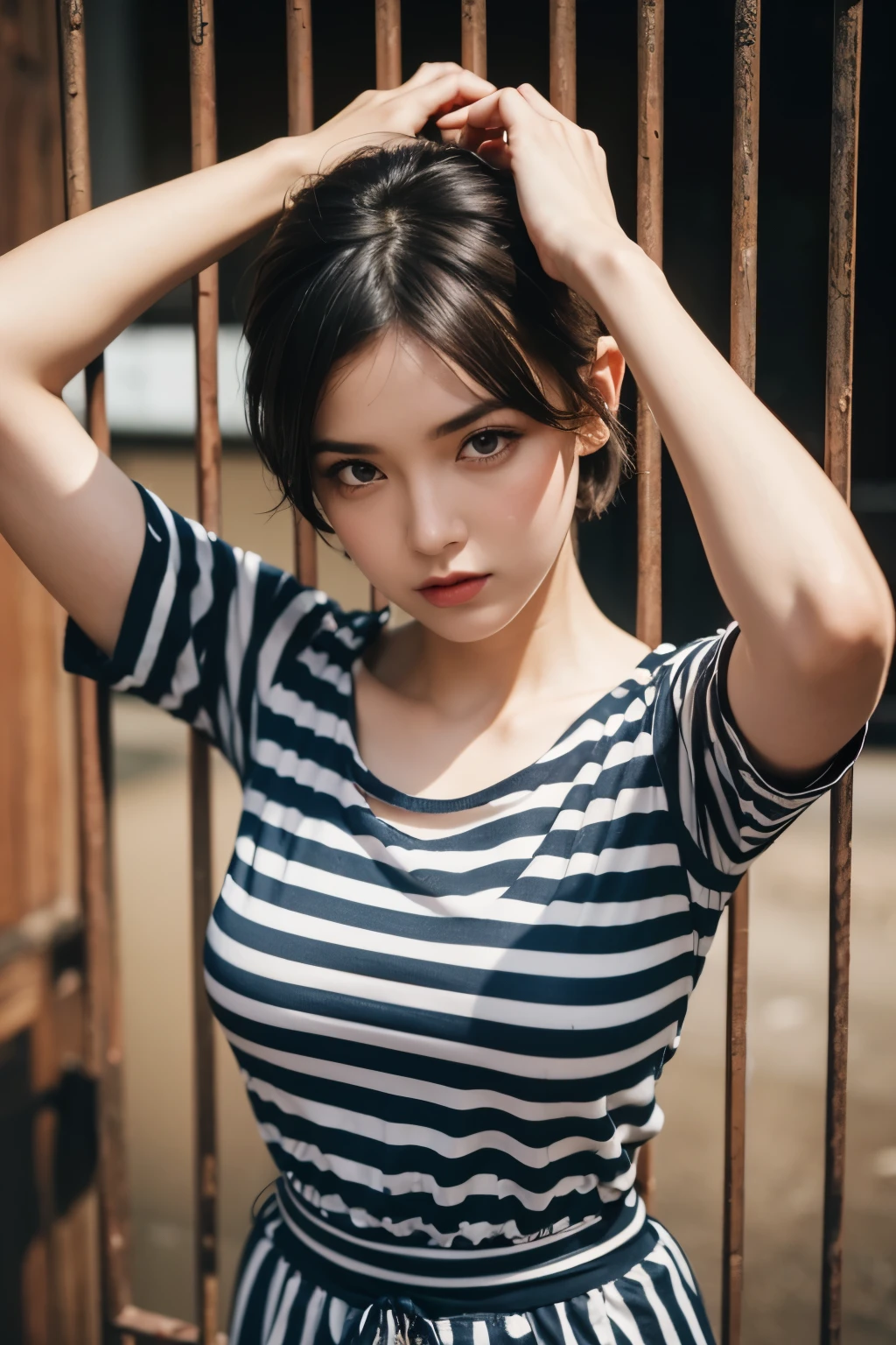 Beautiful woman dressed as a prisoner, shackles on feet, red striped jumpsuit, Iron bars, short sleeves, short cut hair, (Highly detailed facial expressions), random pose,