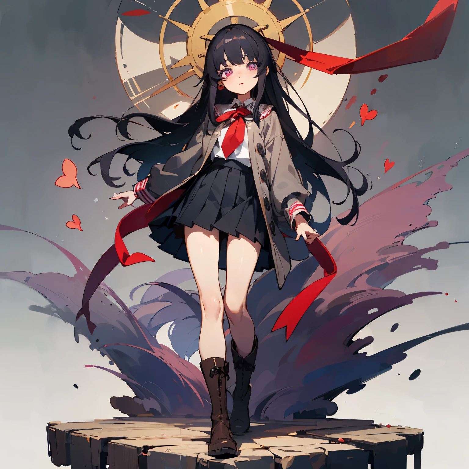 ((best quality)), ((masterpiece)), (detailed)), not too bright purple eyes, small heart pupils, long flowy black hair, grey clothes with a black pleated skirt, long grey sleeves till knee length, red bows on neck tie with red ribbon, slight brownish skin tone,neutral expression, black long boots, one piece art style, standing still