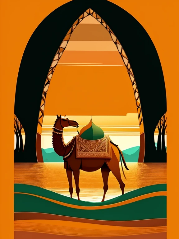 surrealist art, orange sky, orange sea, orange greenery, orange camel,