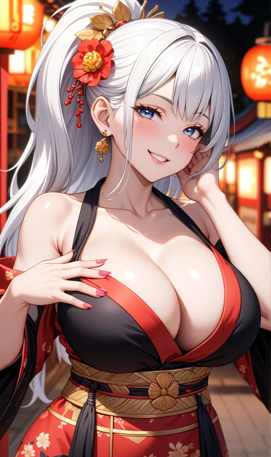 ((one personの女性)), Beautiful Face,Laugh shyly,((Wink:2.0)),Laughing with your mouth open,turn bright red,Glossy pink lips,night,Shrine festival stalls,((Anime style background)),masterpiece, highest quality, so beautiful, up to date, Complex details, (Pink long nails),AI-generated, Complex,High resolution, highest quality, super high quality,3D Images、View your audience、3D Images,one person,Long white hair,High Ponytail,blue eyes,Anime woman posing for a photo, [[Fine grain、Colorful eyes、Shining Eyes:1.15]],(Squint your eyes:1.1),a hyperRealistic , hyperRealistic , Realistic,Long haired white haired anime woman, Smooth anime CG art, A woman in a colorful kimono with gold embroidery, (Black kimono),Red floral pattern,Long flower hair ornament,Big earrings,(Big Breasts:1.1),Mature Body,tall,Big Ass,Fine details,Tight waist,Abdominal muscles,(Face close-up:1.5),Tilt your face,Give a hand