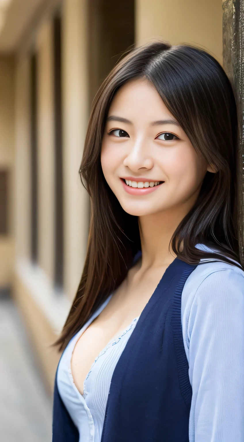 Japanese schoolgirl),((Beautiful girl)),cleavage,the expression imagining what feels good:1.2,(perfect body beauty:1.2),((perfect body)),(shy smile),beautiful teeth,