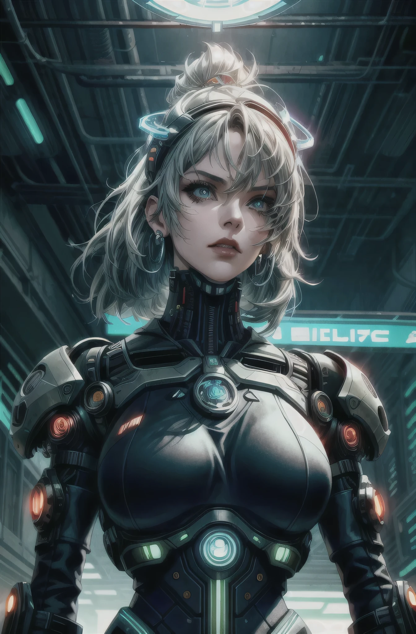 white  hair、Long fluttering hair、strong breeze、Orange eyes、radiant eyes、Evangelion Girl、huge tit、Face and chest are alive、Cleavage is visible。photoRealstic、portfolio、Evangelion-style metal mecha suit、an oppai cyberpunk、Gothloli details、metalic、Detailed mechanical parts、Bundle of thin tubes、Metal Cylinder、Detailed neon、Fine LED、Fine parts