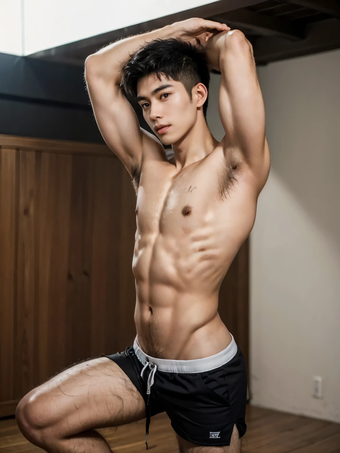 ((super sharp focus)), ((hairy legs)), hairy legs, toned legs, whole body, two block, Messy short hair, long legs, Thai male, 27 years old, wearing beige shorts, wearing a black T-shirt, very short hair, black hair,Thin body
