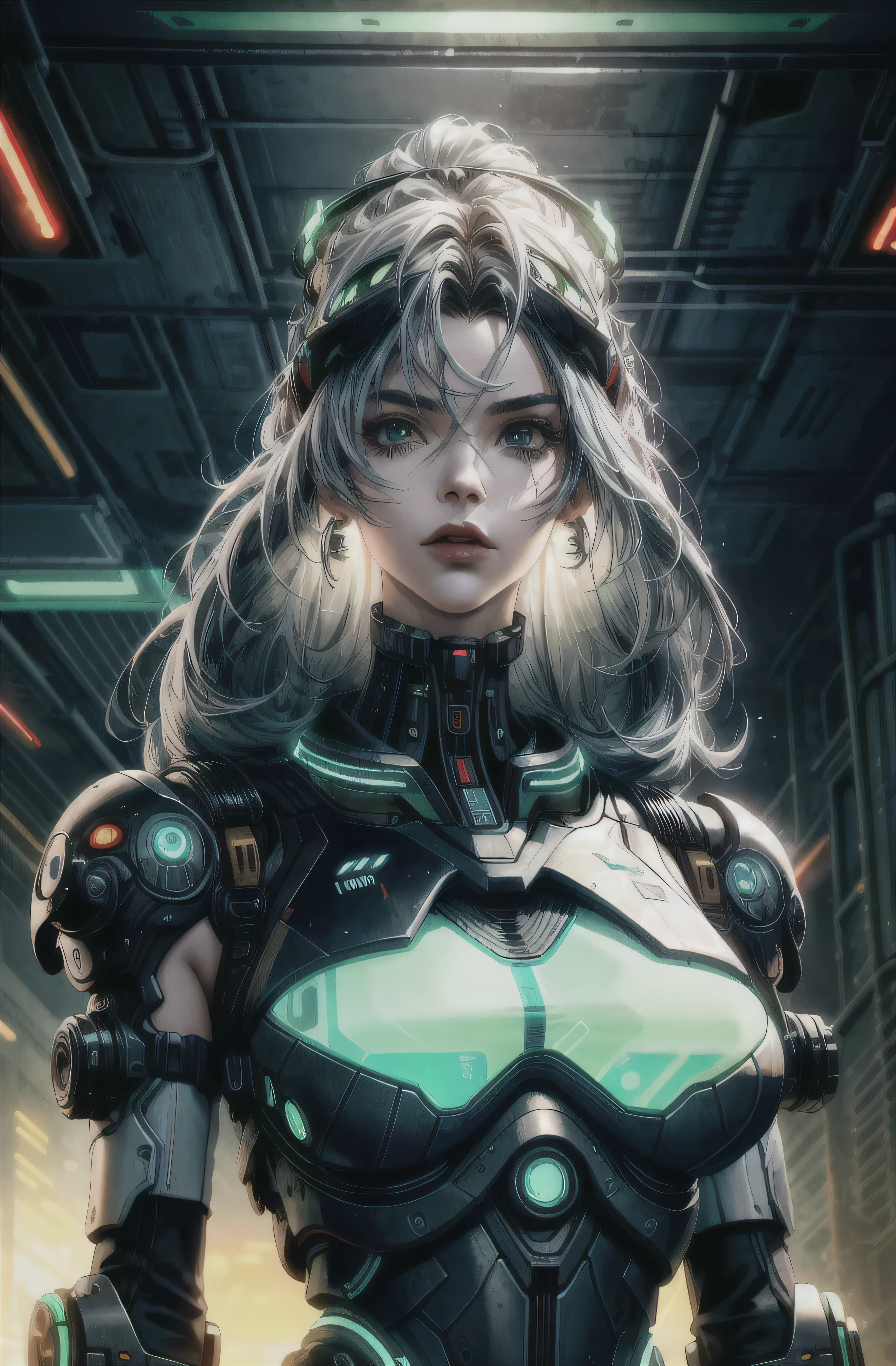 a female cyborg with a huge robotic body in a futuristic sci-fi landscape, cyberpunk, biopunk, transistorpunk style, highly detailed, 8k, photorealistic, hyperrealistic, intricate, mechanical body, visor, earring, neon lights, dynamic pose and angle, large breasts, dystopian future town, dramatic lighting, cinematic, moody, gray color palette