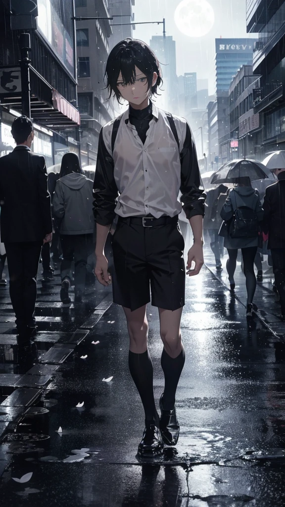 Anime man walking through a crowd,alone,Black petals flutter, A mysteriously shining butterfly.city,thin legs,very clear,Best quality After the Rain,city,beautiful morning,Asahi,whole body,Sad expression,Shining Full Moon,rain,Wet,Monochrome,No color,Sad expression,rain