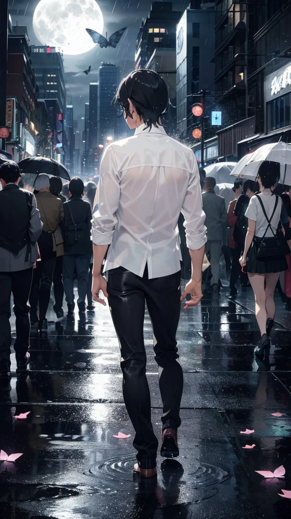 Anime man walking through a crowd,alone,Black petals flutter, A mysteriously shining butterfly.city,thin legs,very clear,Best quality After the Rain,city,beautiful morning,Asahi,whole body,Sad expression,Shining Full Moon,rain,Wet,Monochrome,No color,Sad expression,rain