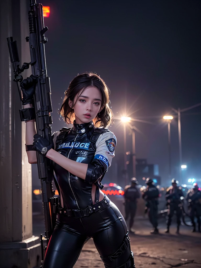 ((Best image quality, Great details, RAW Photos、Ultra-high resolution、realism: 1.4)), Favorite Details, (Shining Beautiful Girl, Delicate and beautiful features,Exquisite face)、 ((Cowboy Shot)), (Serious expression、Stiff、Adrenaline、Super cool woman), (Black racing suit、Blue Shirt、Police Counter-Terrorism Team、Police uniform, Black and grey mech, Wearing a military harness, Accurately draw a machine gun、Equipped with a machine gun with great attention to detail), (A large number of equipment、magazine、Night Vision Goggles、holster、Terminal)、((The background is a secret base of terrorists、Dark passage、Combat Stance、stand with long legs apart、check、Glare:1.4))