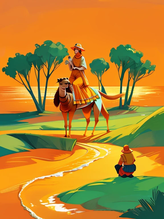 surrealist art, orange sky, orange sea, orange greenery, orange camel, orange moms sing orange songs to orange guys
