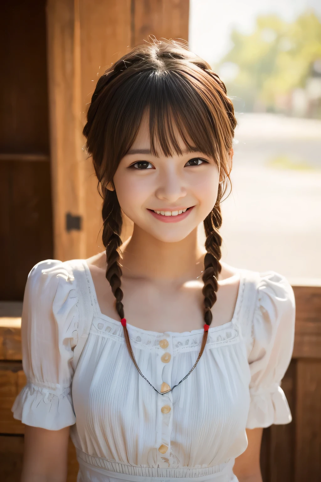 Adorable, 16 years, (8k、Raw photo、highest quality、masterpiece:1.2)、(Realistic、Photorealistic:1.37)、Ultra-detailed、超A high resolution、1 girl、Seeing the viewer、Beautifully detailed face、Laughter、narrow、(Slim waist) :1.3)、Beautifully detailed skin、Skin Texture、Floating Hair、Professional Lighting、Human whole body、shortcut、Braided Hairstyles、Bob Hair、Smile、16 years old、Red ribbon、Baby Face、Childish smile、Sappin'、Moisturizing lips、Pale pink lips、Braided Hairstyles、White and blue striped underwear、Micro size underwear、Umbilical cord prolapse、f cup breasts、Cleavage