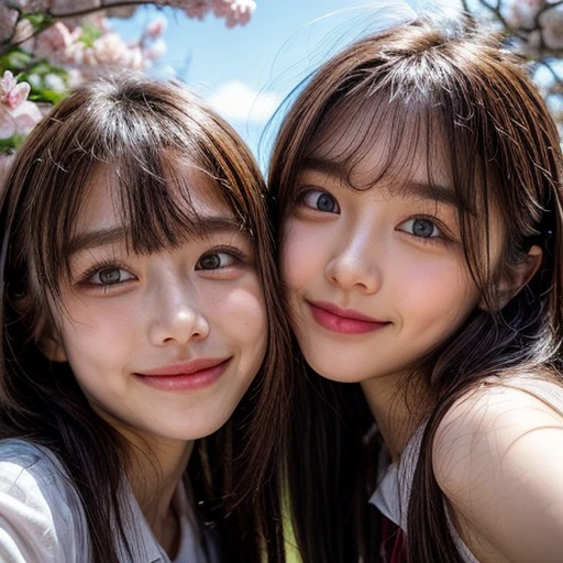 Best_Quality, HDR, masterpiece, Hi-Res, (realistic and photorealistic with touch of rawness:1.37), (group photo:1.6), ((SchoolGirls Surrounding the camera in Upward composition)), Panoramic, (Filled with many Faces), (NOGIZAKA face variations:1.4), { Looking down at the camera | (Kissing face to face) }, (((close:1.2, Face closeup from below:1.4))), (((Sky background)) with CherryBlossoms) . BREAK Extremely Detailed KAWAII face variations, captivating gaze, elaborate detailed Eyes with (sparkling highlights:1.32), long eyelashes、Glossy RED Lips with beautiful details, Coquettish tongue, Rosy cheeks, Glistening ivory skin . { (Dynamic joyful expressions) | (:D) | (Kissing) }, { Slipped back hair | Bangs | Hime cut | OKAPPA | Every girls have different hair styles and colors }, Childish, SchoolUniform .