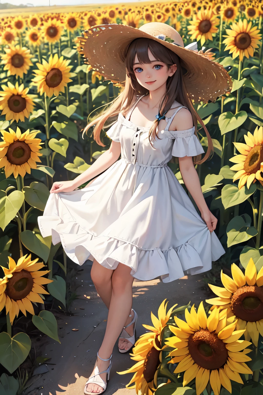 top quality,super high quality,4K,sunflower field,white dress,straw hat,big chest,white skin,blue eyes,left hand on hat,from right,view full body,20 years old,smile,look at camera,
break
Cute dress