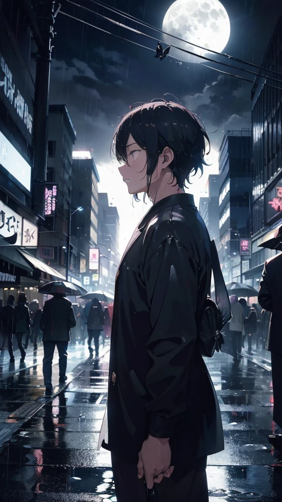 Anime man walking through a crowd,alone,Black petals flutter, A mysteriously shining butterfly.city,very clear,Best quality After the Rain,city,beautiful morning,Asahi,whole body,Sad expression,Shining Full Moon,rain,Wet,Monochrome,No color,Sad expression,rain