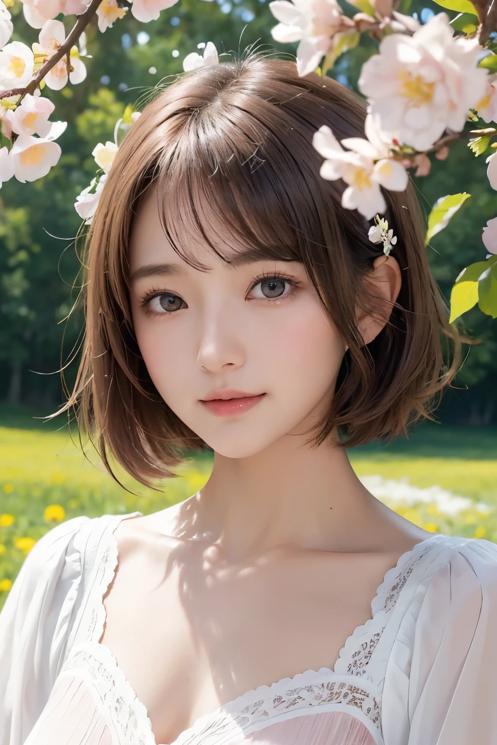 Ultra-high resolution、(Real:1.4)、One beautiful woman、Beautifully detailed eyes and skin、Light brown short hair、A tiny smile、Small Bust、shirt、White, pink, etc.々Colorful meadow flowers々、Remains of ancient structures、wood々Beyond the sea、Cloudy、Soft afternoon sunshine、