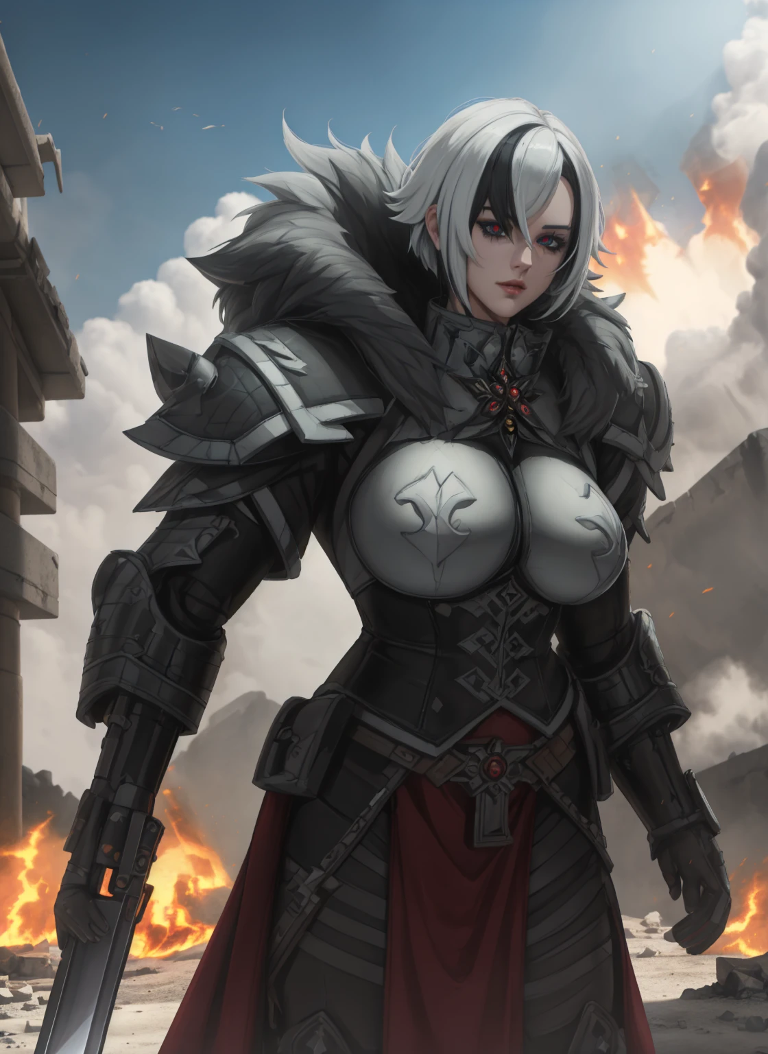 High-quality photography by Whsororitas, standing with a sword in his hands Whsororitas, 1 girl, ruins of a burning city in the background, dust and smoke, atmospheric lighting, Scrolls of white paper with text, Red wax seals, rich colors, The Face of Charlize Therion, star trek cinematic,Warhammer 40k, Красивый face, detailed face, Image with a sword. high detail, very clear and complex graphics... octane number, 3D character rendering 8K , the entire body of the character is highly detailed, Beautiful, very detailed, Dynamic, Cinematic, deafening, Realistic lighting and shading, harlequin, hair between eyes, black hair, White hair, short hair, coat, fur trim, fur-trimmed coat, (X-shaped eyes, Eyes in the shape of symbols, Slanted eyes),high detail and very clear and complex art.. Octane render, 3D character rendering 8K , all body character with high detail, Beautiful